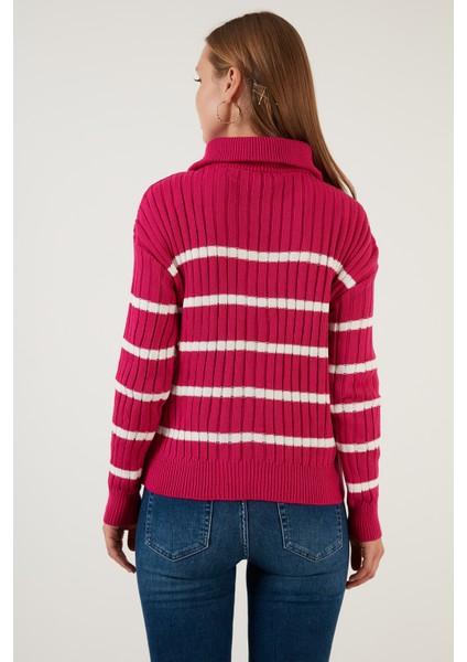Çizgili Fermuarlı Boğazlı Yaka Örgülü Triko Kazak Bayan Kazak 63622458 indirimleri