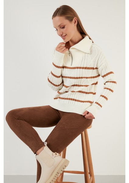 Çizgili Fermuarlı Boğazlı Yaka Örgülü Triko Kazak Bayan Kazak 63622458