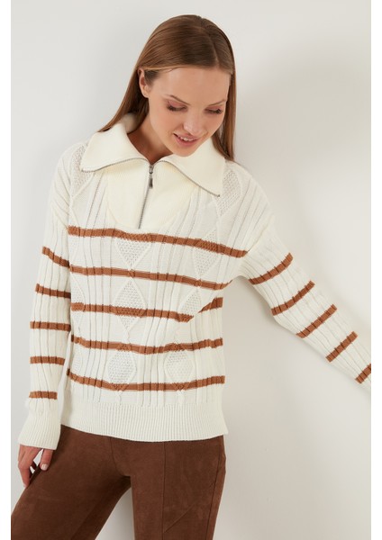 Çizgili Fermuarlı Boğazlı Yaka Örgülü Triko Kazak Bayan Kazak 63622458 fiyatları