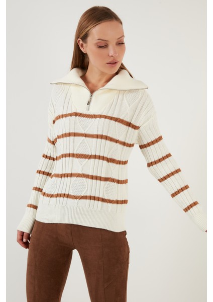 Çizgili Fermuarlı Boğazlı Yaka Örgülü Triko Kazak Bayan Kazak 63622458 modelleri