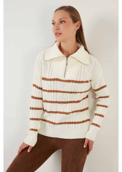 Çizgili Fermuarlı Boğazlı Yaka Örgülü Triko Kazak Bayan Kazak 63622458 fırsatları