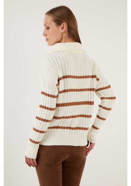 Çizgili Fermuarlı Boğazlı Yaka Örgülü Triko Kazak Bayan Kazak 63622458 indirimleri