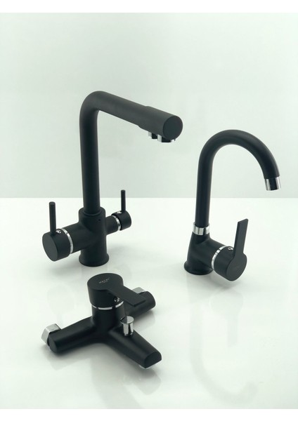 Arıtmalı Mutfak Eviye Bataryası 3'lü Set Eviye- Lavabo- Banyo Bataryası Siyah