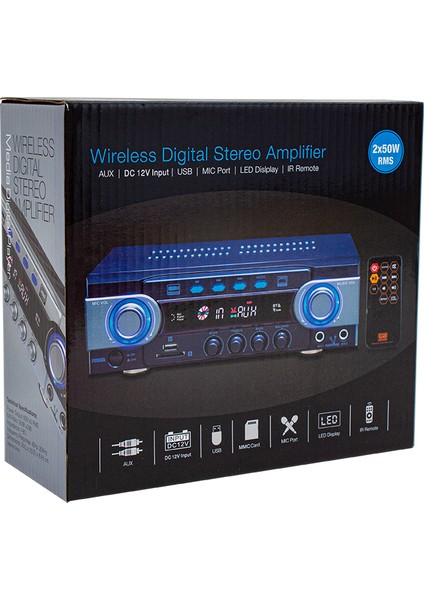 HD-510 2X50 Watt 220V/12V Giriş Usb-Sd -Bt-Uk Trafosuz 2 Mik. Girişli Stereo  Anfi