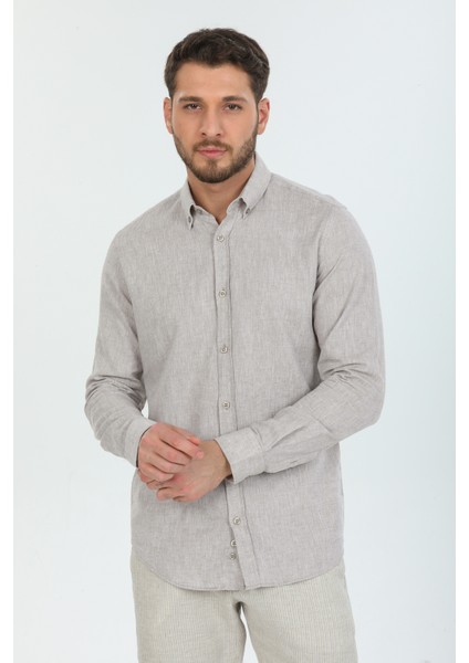 Regular Fit Bej Keten Gömlek