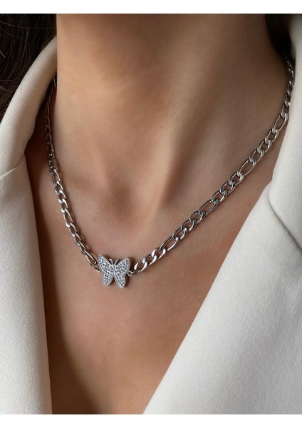 Çelik Zirkon Taşlı Kelebek Kolye