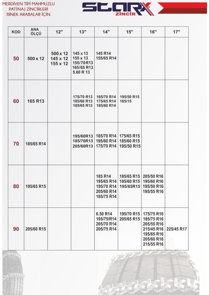 Vitrin Kar Zinciri 165R15 Serme Mahmuzlu Kar Zinciri Starx