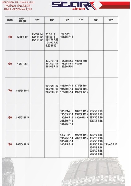 Vitrin Kar Zinciri 205/75R14 Serme Mahmuzlu Kar Zinciri Starx fırsatları