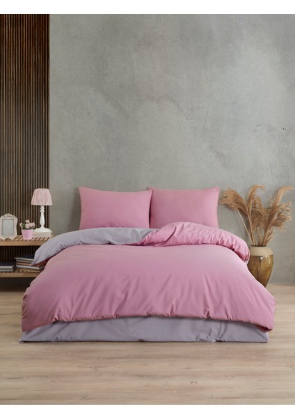 Gri-Pudra Pembe Çift Kişilik Nevresim Takımı