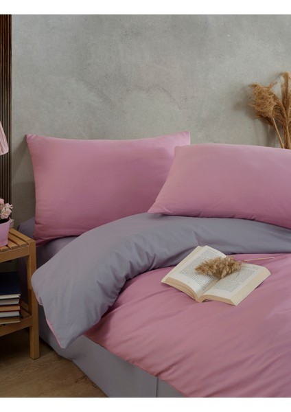 Gri-Pudra Pembe Çift Kişilik Nevresim Takımı