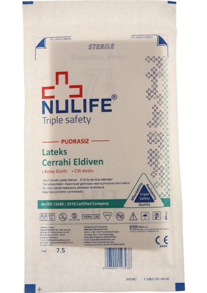 Nulıfe Lateks Cerrahi Eldiven Steril Pudrasız- 7.5 Numara- 1 Kutu (50 Çift)
