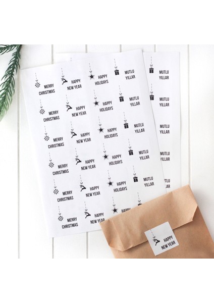 Yılbaşı mesajları sticker seti, 3x3 cm 2 sayfa (Beyaz)