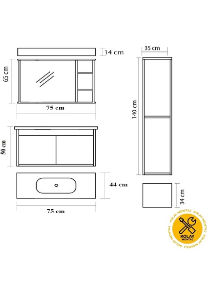 Galata Banyo Dolabı ve Boy Dolabı Takımı 75 cm Beyaz