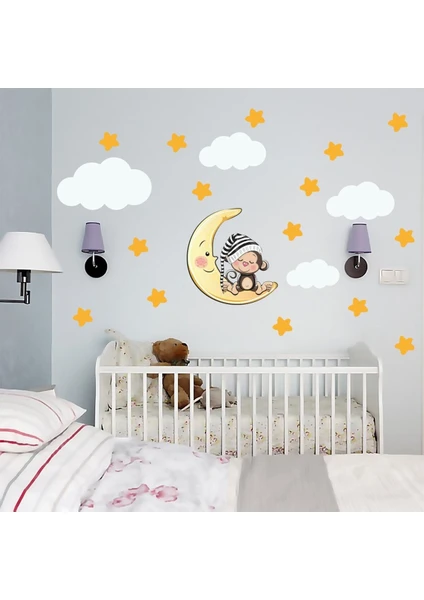 Uyuyan Maymun, Yıldız, Bulut Set Bebek Çocuk Odası Duvar Sticker