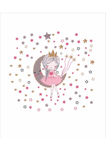 Ayda Oturan Sevimli Kız Çocuk Odası Duvar Sticker Seti