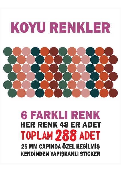 288 Adet 25MM Koyu Renk Tonları Özel Kesilmiş Sticker