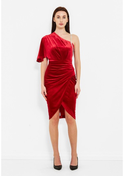 Kadın Sol Omuz Taş Detaylı Gece Elbisesi fiyatları