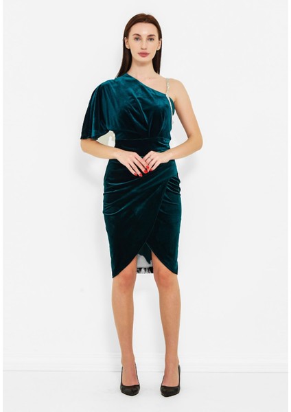 Kadın Sol Omuz Taş Detaylı Gece Elbisesi modelleri