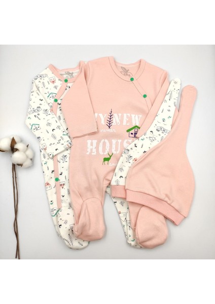 Şapkalı Patikli Yavruağzı ve Krem İkili Kız Bebek Tulumu %100 Cotton fiyatları