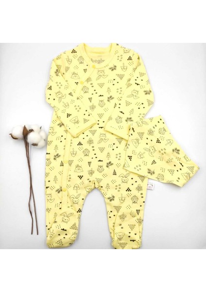 Şapkalı Bandanalı Patikli Sarı Ayıcıklı İkili Bebek % 100 Cotton Tulum Takımı modelleri