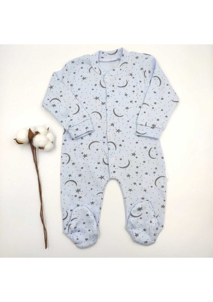 Patikli Ay Yıldız Desenli Mavi Erkek Bebek Tulum %100 Cotton