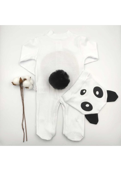 Eldivenli Şapkalı Patikli Ponponlu Panda %100 Cotton Bebek Tulumu