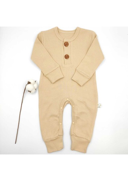 Fitilli İki Düğmeli Vizon Uzun Kollu Bebek Tulumu %100 Cotton