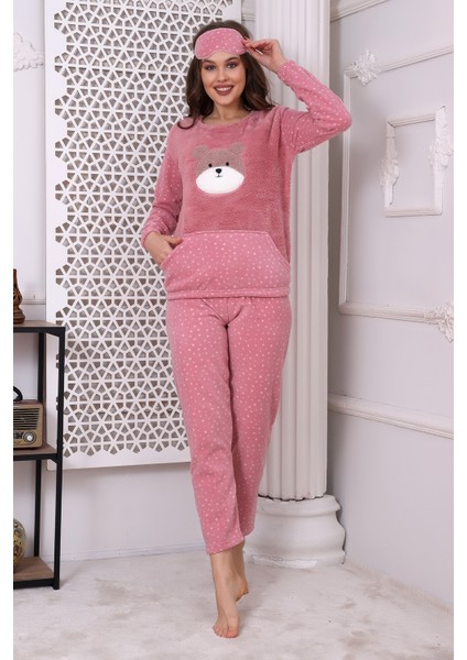 Fawn 3010 Peluş Welsoft Polar Kışlık Pandalı Cepli Kadın Pijama Takımı