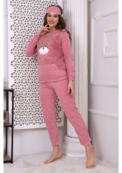 Fawn 3010 Peluş Welsoft Polar Kışlık Pandalı Cepli Kadın Pijama Takımı modelleri