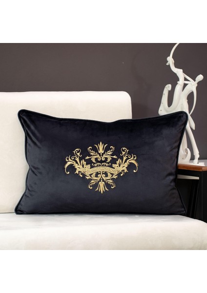 Crown Antrasit Kadife Kumaş Üzeri Gold Özel Nakış Kırlent