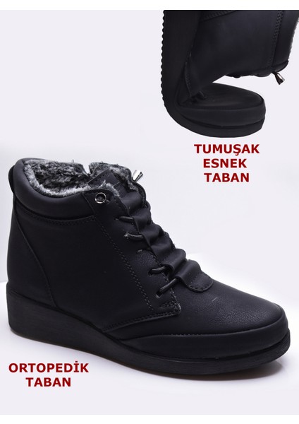 210 Ortopedik Taban Lastik Bağcıklı İçi Kürklü Siyah Anne Botu Kadın Bot Ayakkabı