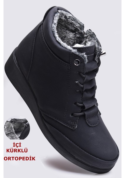 210 Ortopedik Taban Lastik Bağcıklı İçi Kürklü Siyah Anne Botu Kadın Bot Ayakkabı fiyatları