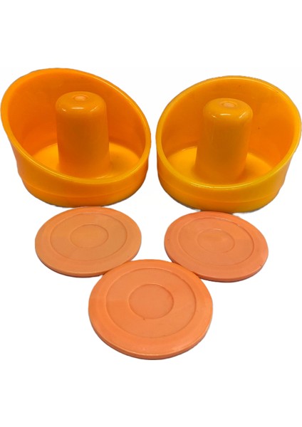 2 Adet Turuncu Renk Air Hockey Elcik ve 3 Adet Turuncu Renk Disk - Havalı Hockey Tokacı ve Diskleri