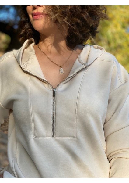 Bej Fermuarlı Modal Sweat