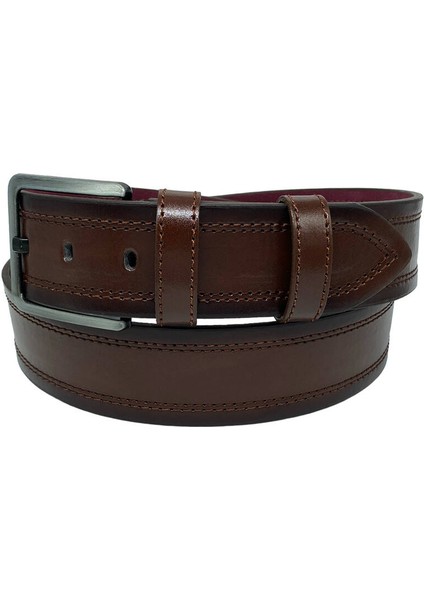 Kahverengi Suni Deri Dikişli Desensiz Düz Model 4.5 Cm.lik Spor Kot Kemer - 4513-111-22KS