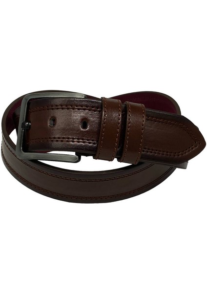 Kahverengi Suni Deri Dikişli Desensiz Düz Model 4.5 Cm.lik Spor Kot Kemer - 4513-111-22KS