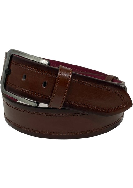 Kahverengi Suni Deri Dikişli Desensiz Düz Model 4.5 Cm.lik Spor Kot Kemer - 4513-111-22KS