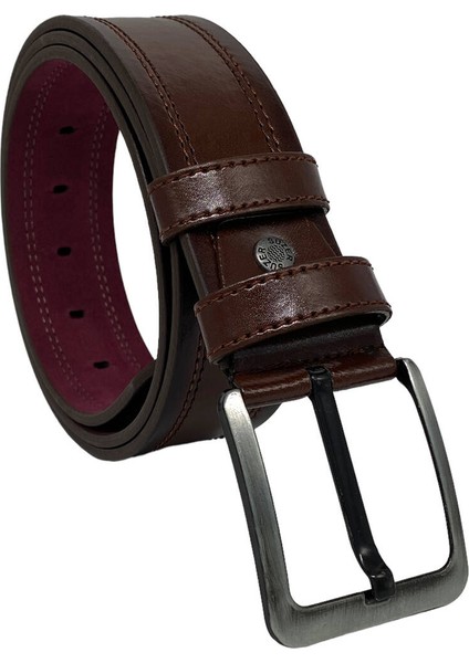 Kahverengi Suni Deri Dikişli Desensiz Düz Model 4.5 Cm.lik Spor Kot Kemer - 4513-111-22KS