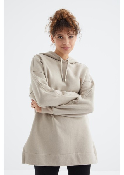 Koyu Bej Reglan Kol Basic Kapüşonlu Oversize Sweatshirt Tunik - 97242
