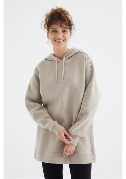 Koyu Bej Reglan Kol Basic Kapüşonlu Oversize Sweatshirt Tunik - 97242 modelleri