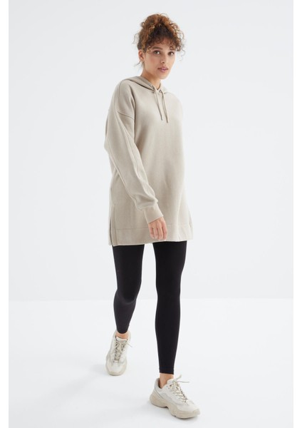 Koyu Bej Reglan Kol Basic Kapüşonlu Oversize Sweatshirt Tunik - 97242 fırsatları