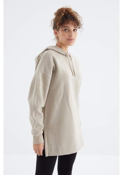 Koyu Bej Reglan Kol Basic Kapüşonlu Oversize Sweatshirt Tunik - 97242 indirimleri