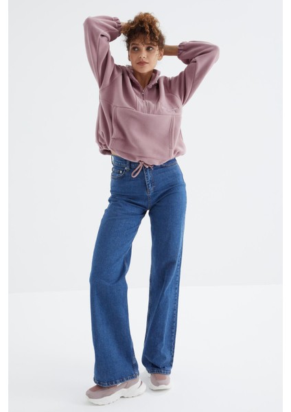 Gül Kurusu Yarım Fermuar Etek Ucu Büzgülü Kadın Polar Oversize Sweatshirt - 97171