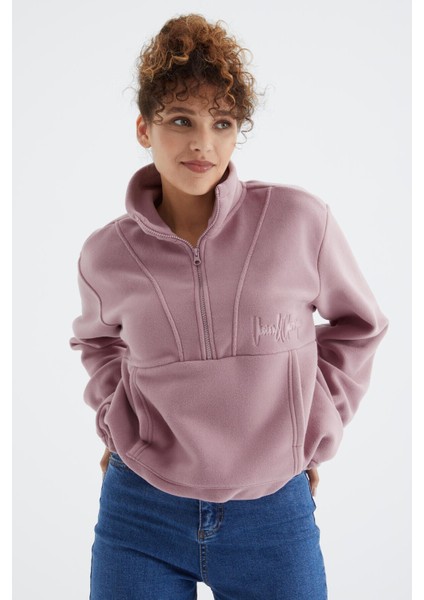 Gül Kurusu Yarım Fermuar Etek Ucu Büzgülü Kadın Polar Oversize Sweatshirt - 97171