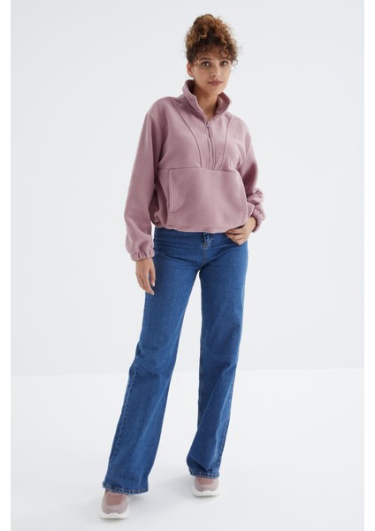 Gül Kurusu Yarım Fermuar Etek Ucu Büzgülü Kadın Polar Oversize Sweatshirt - 97171