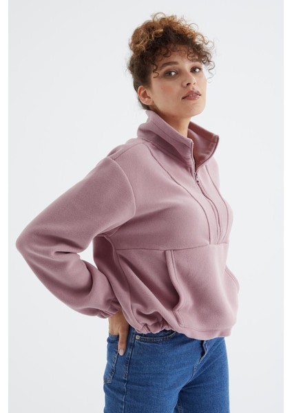 Gül Kurusu Yarım Fermuar Etek Ucu Büzgülü Kadın Polar Oversize Sweatshirt - 97171
