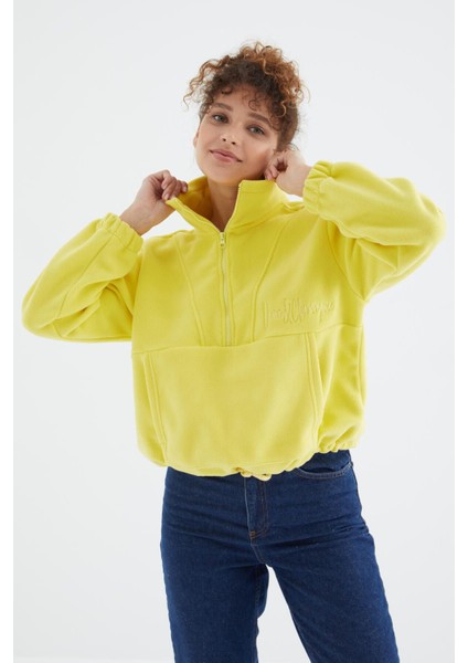 Limon Yarım Fermuar Etek Ucu Büzgülü Kadın Polar Oversize Sweatshirt - 97171 modelleri