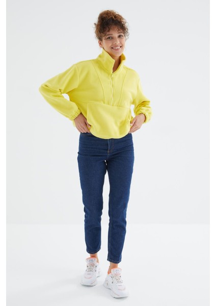 Limon Yarım Fermuar Etek Ucu Büzgülü Kadın Polar Oversize Sweatshirt - 97171 fırsatları