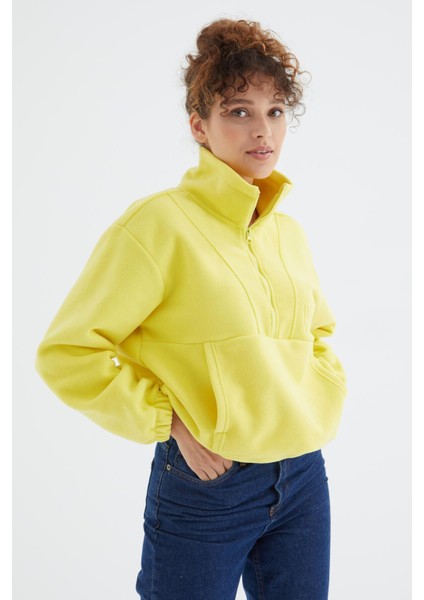 Limon Yarım Fermuar Etek Ucu Büzgülü Kadın Polar Oversize Sweatshirt - 97171 indirimleri