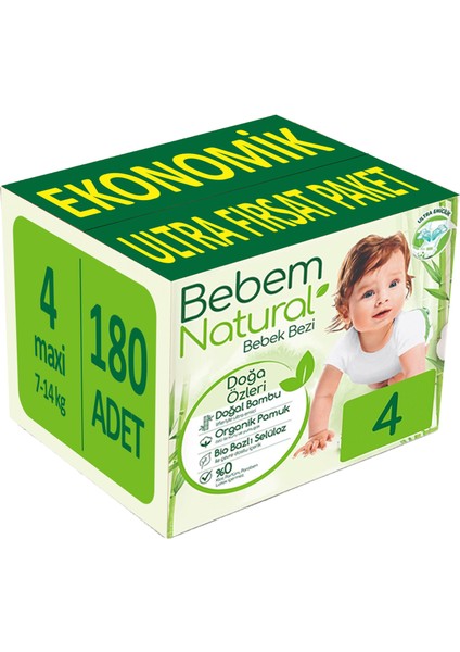 Bebem Bebek Bezi Natural Beden:4 7-14 kg Maxi 180 Adet